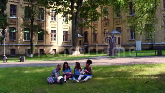 校园青少年在大学公园做作业的情景视频的预览图