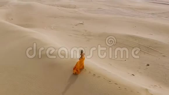 女人在沙丘上的沙漠中行走金发姑娘在烈日下的沙漠中的巴克汉散步风吹乱了她的头发视频的预览图