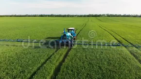 通过特殊安装灌溉绿地的拖拉机的鸟瞰图喷洒田间生长的过程视频的预览图