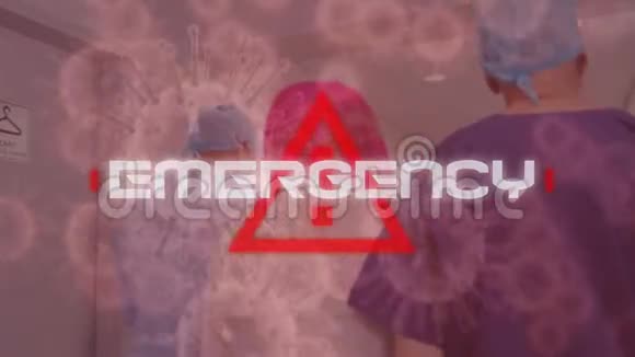 写在红色三角形和柯维德19号上的紧急消息传遍了戴着面具的科学家视频的预览图
