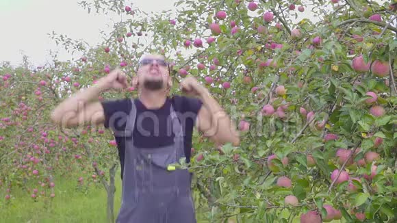 在苹果园里一个有趣的跳舞和跳跃的农民的慢动作拍摄幸福成功的农民在附近视频的预览图