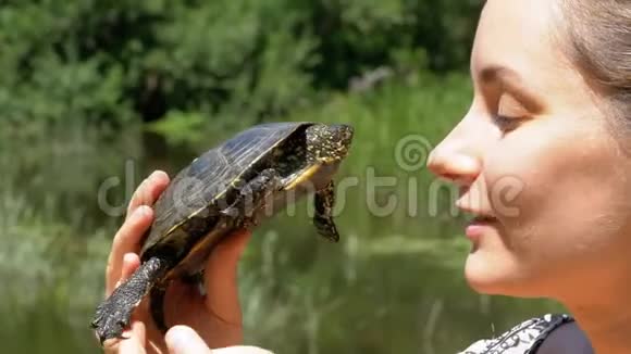 女人手里拿着一只小河龟就在大自然和河流的背景下视频的预览图