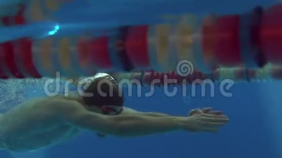 一个专业游泳运动员游泳蛙泳时摄像机跟随他当游泳运动员站起来呼吸时出现视频的预览图