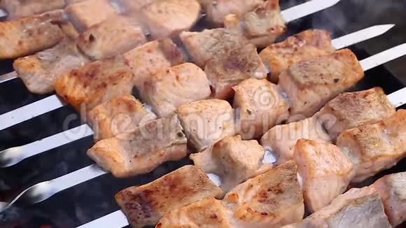 烤鲑鱼牛排烤肉串视频的预览图