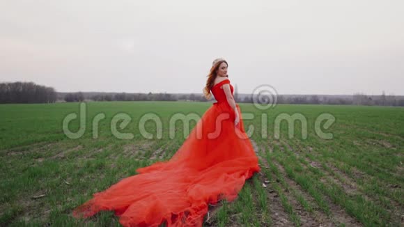 一个年轻漂亮的女人穿着红色裙子在大自然背景下的肖像视频的预览图