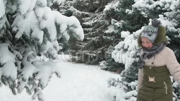 快乐的小女孩玩雪杉树枝冬天的森林美丽的风景视频的预览图