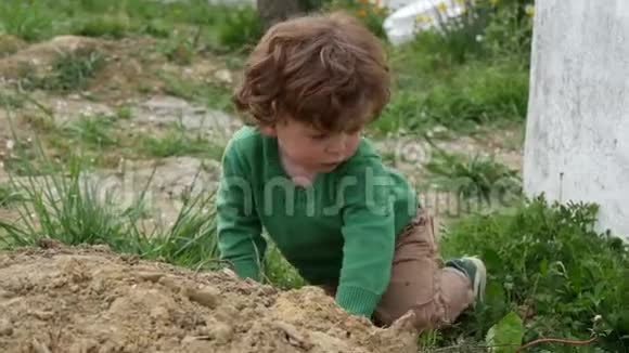 穿绿色毛衣的小男孩在户外玩耍视频的预览图