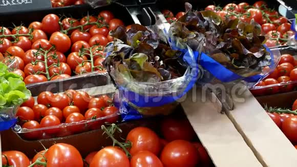 市场柜台上新鲜水果和蔬菜的大选择视频的预览图