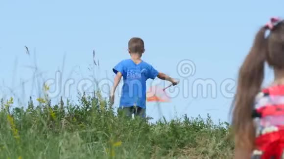 一个带蝴蝶网的男孩在一片空地上奔跑小男孩在草地上玩耍视频的预览图