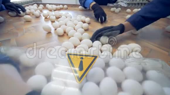 工厂的警告标志鸡蛋分拣输送机上的警告标志视频的预览图