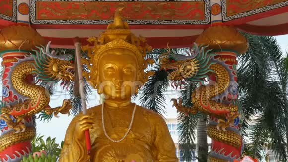 被龙柱包围的中国神的金色雕像芭堤雅中国寺庙安格力视频的预览图