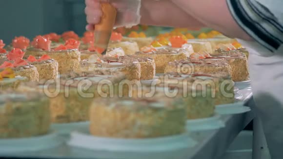 工人在工业糖果中使用奶油装饰蛋糕视频的预览图