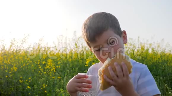 快乐的男孩在阳光明媚的日子里在户外公园里吃食物年轻人手里拿着面包和玻璃在后台视频的预览图