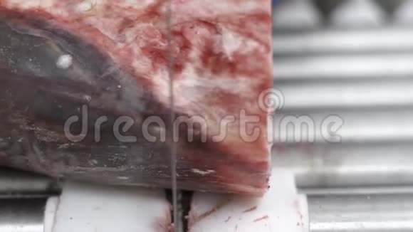 工厂设备肉类工厂工人在锯条机上切生肉视频的预览图