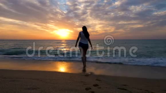 海滩上幸福的女人在水里散步的剪影视频的预览图