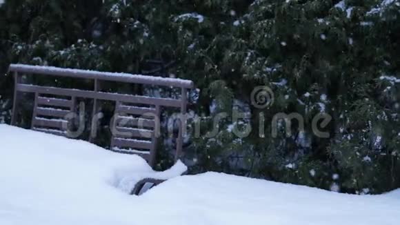 雪花落在公园的一张金属长凳上慢动作视频的预览图