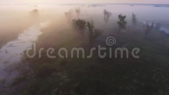 4雾天早晨的空中录像飞越德斯纳河日出时间乌克兰基辅地区视频的预览图