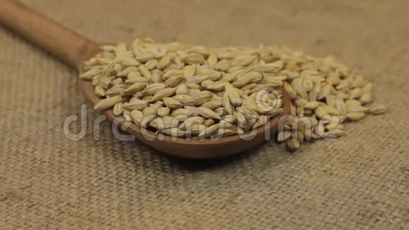 旋转勺子溢出大麦粒躺在麻布上视频的预览图