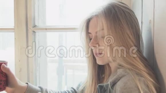 年轻快乐的金发女郎使用智能手机与坐在窗户上的男朋友交流一个笑容灿烂的年轻女子视频的预览图