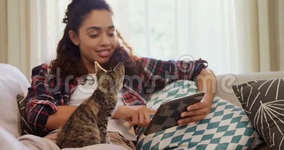 幸福的女人坐在沙发上用平板电脑而猫则坐在她的大腿上视频的预览图