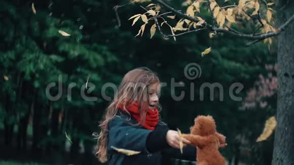 有趣的欢快的可爱的小女孩带着她的玩具旋转泰迪熊黄色的叶子从树上慢慢地落在它们身上视频的预览图