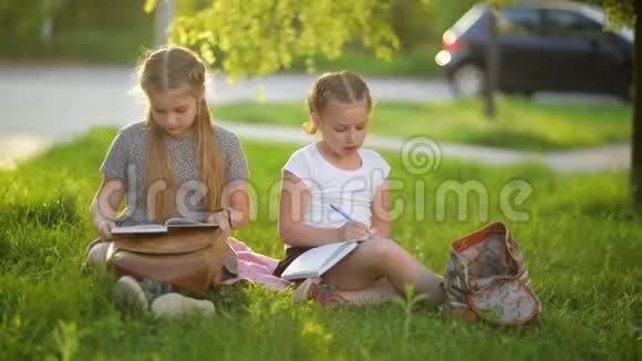 女孩在夏天的花园里做作业他们在获得知识方面玩得很开心视频的预览图