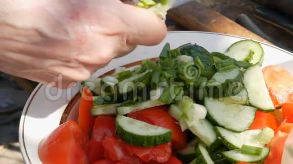 雌性手在大自然中做番茄黄瓜沙拉女人在户外做蔬菜沙拉视频的预览图