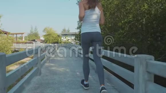年轻女子在红树林森林小径上慢跑斯泰迪加姆慢镜头视频的预览图