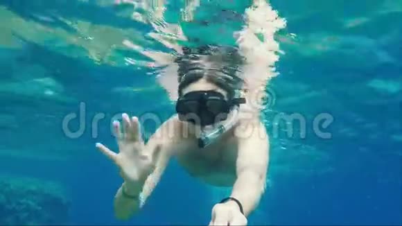 海上度假一个戴着面具的人拿着一根管子漂浮在水面附近向摄像机挥手视频的预览图