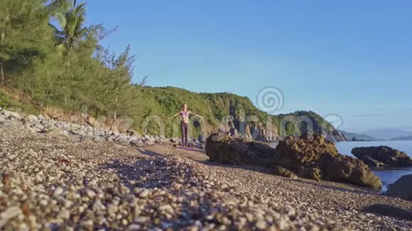 无人驾驶观景女孩站在沙滩上与风景视频的预览图
