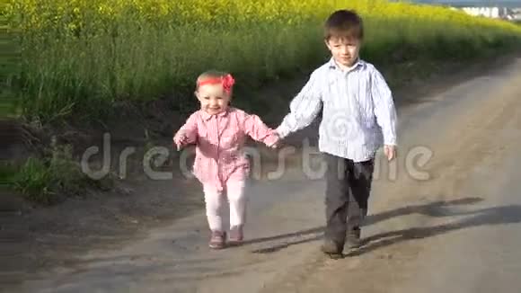 小男孩和小女孩走在田野的小路上视频的预览图