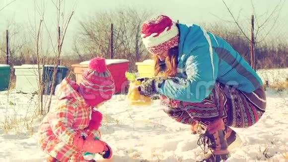 母女俩在雪地里玩视频视频的预览图