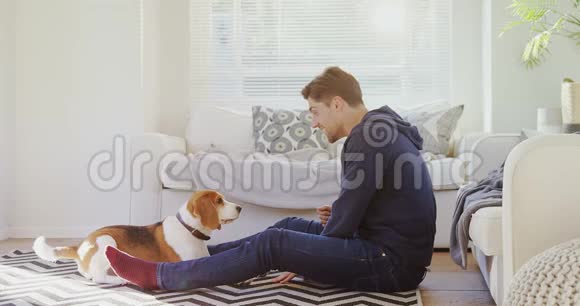 坐在地上玩宠物狗的年轻人视频的预览图