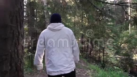 野营旅行的年轻人录像自由和自然的概念从后面走在树林里沿着小路上的人视频的预览图