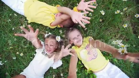 从上面看孩子们躺在草地上洋甘菊草地上向上伸展双手他们玩得很开心夏季视频的预览图