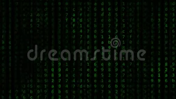 黑色计算机屏幕上闪烁的绿色十六进制符号视频的预览图