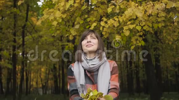 扔到上面的黄叶子里秋天的女孩在城市公园散步快乐可爱美丽的年轻女子画像视频的预览图