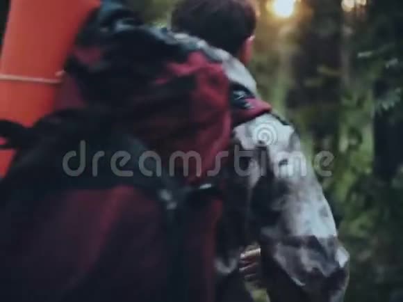 年轻男子背着背包穿着迷彩制服穿过森林旅游男性去野营旅行视频的预览图