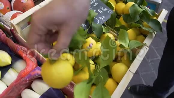 在当地的水果市场上男士精心挑选新鲜柠檬视频的预览图
