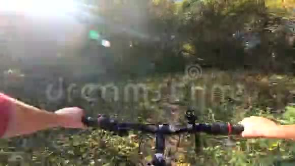 秋天阳光明媚一个骑自行车的人骑在森林里视频的预览图