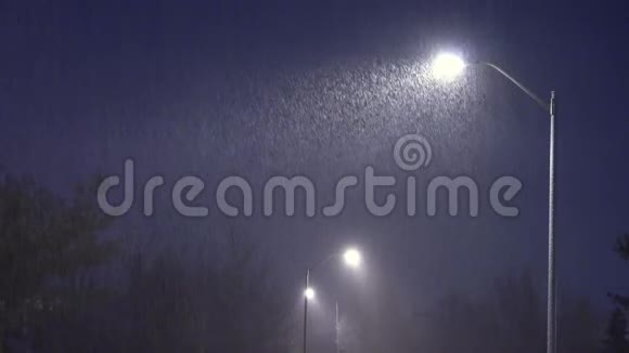 雪落在灯柱的背景下夜冬路灯伴落雪视频的预览图