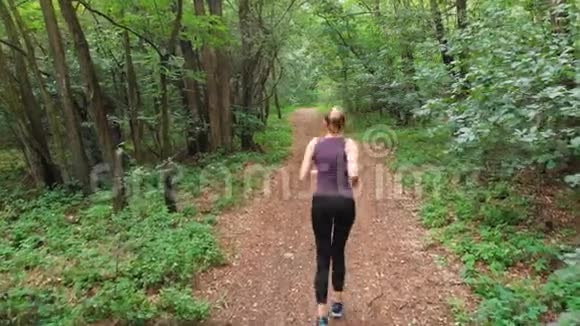 从后面的鸟瞰到在松树林中沿着小径奔跑的年轻女子视频的预览图