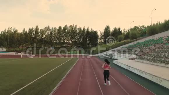 空中飞行慢跑体育女孩穿过体育场背面视图视频的预览图
