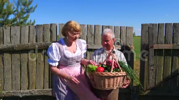 老人拿着一篮子成熟的蔬菜收集一个女人检查它们视频的预览图