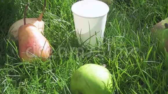 慢慢地果汁从塑料容器中倒入草地上的玻璃杯中视频的预览图