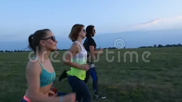 美丽的运动的年轻的女人戴着太阳镜穿着紧身衣沿着绿色的草地田野同步奔跑在夏天视频的预览图