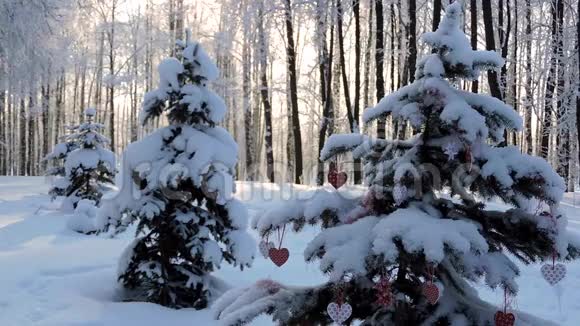 冬天下雪了树枝上挂着一颗圣诞的心在风中摇曳视频的预览图
