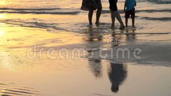 日落时分在阳光的照耀下一对夫妇带着一个小孩子在海滩上漫步沿着漫步视频的预览图