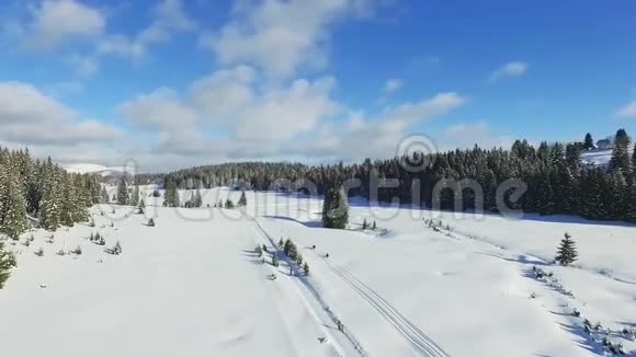 雪上摩托沿着小径飞行视频的预览图