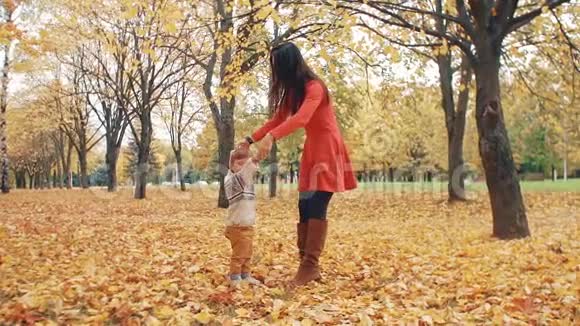 年轻漂亮的妈妈把她可爱的小儿子转过来牵着她的手在秋天公园慢莫视频的预览图